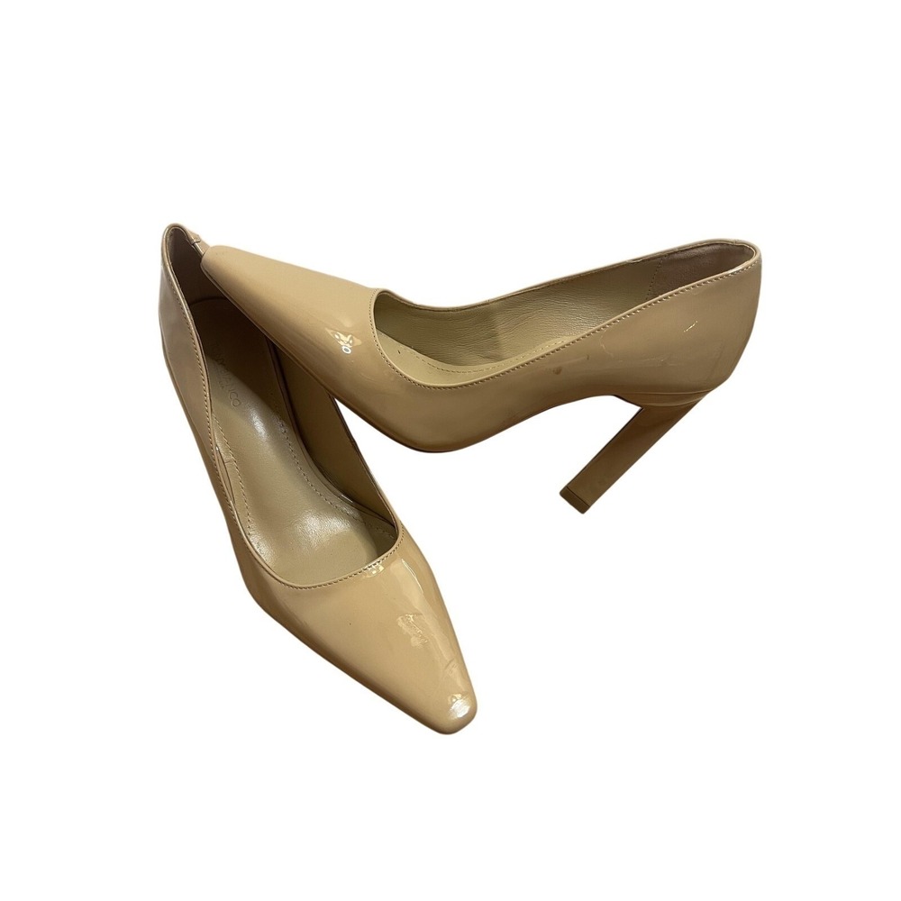 Tony Bianco Pumps Womens Size 6 Beige Patent Leather Pointed Toe Block Heels